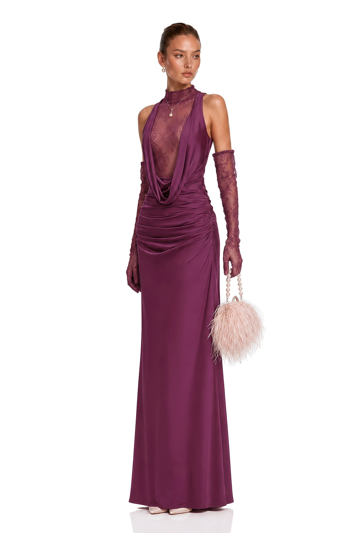 Borbála Magenta Lace Bodice Ruched Maxi Dress