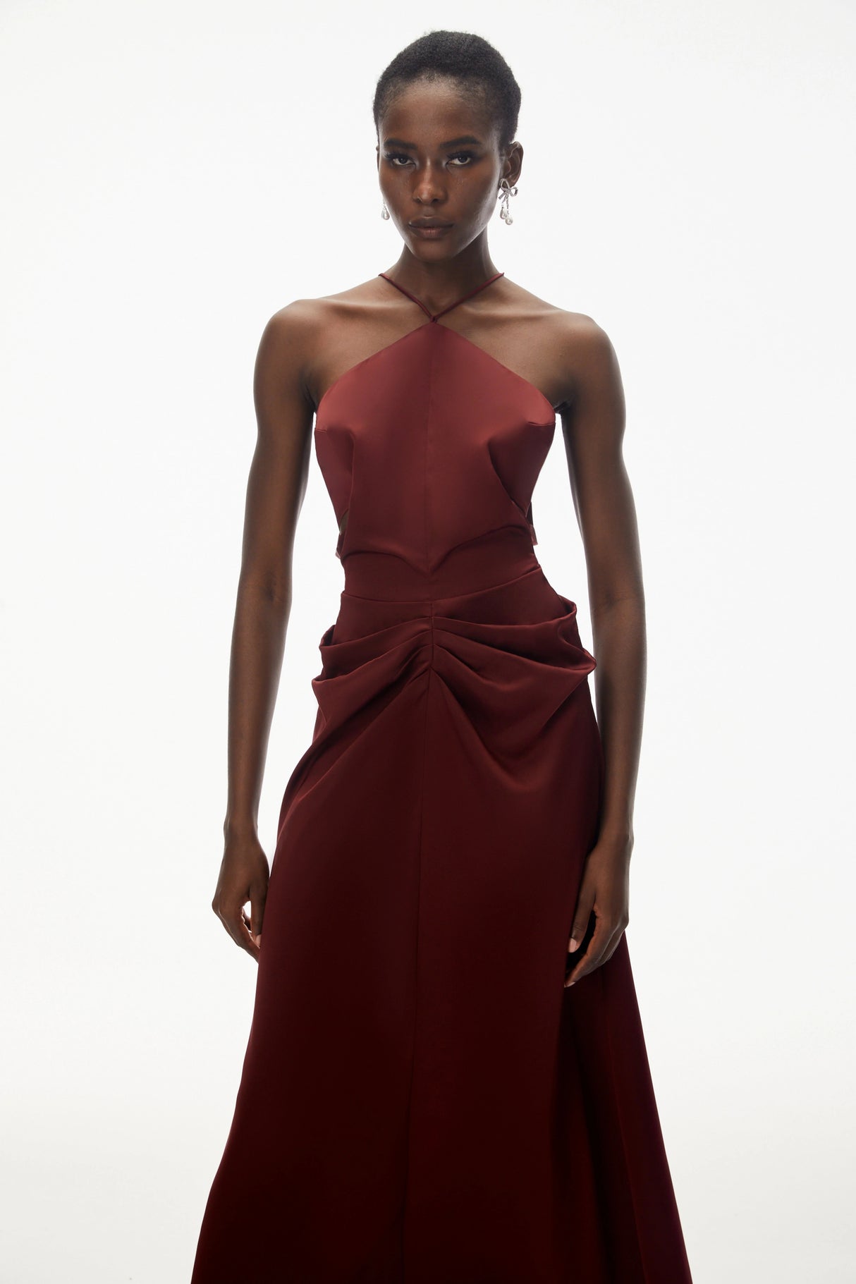Bozhena Red Halterneck Ruched Maxi Dress