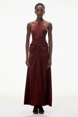 Bozhena Red Halterneck Ruched Maxi Dress