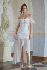 Brandusa White Bowknot Ruched Chiffon Midi Dress