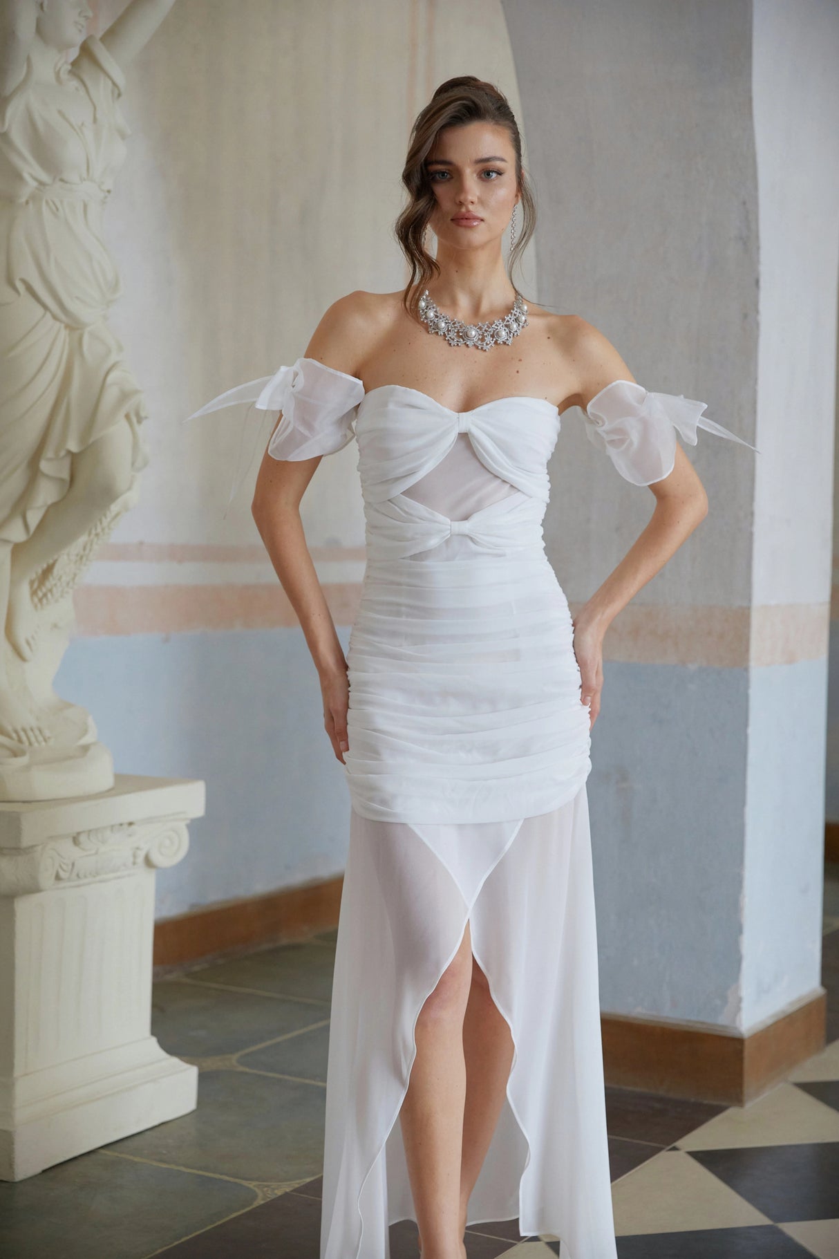 Brandusa White Bowknot Ruched Chiffon Midi Dress