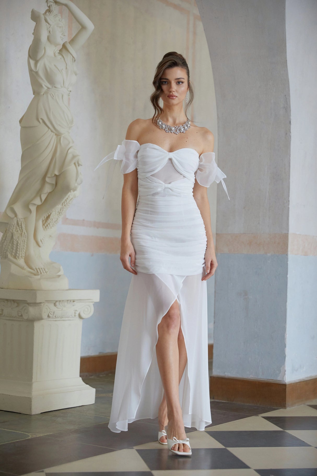 Brandusa White Bowknot Ruched Chiffon Midi Dress