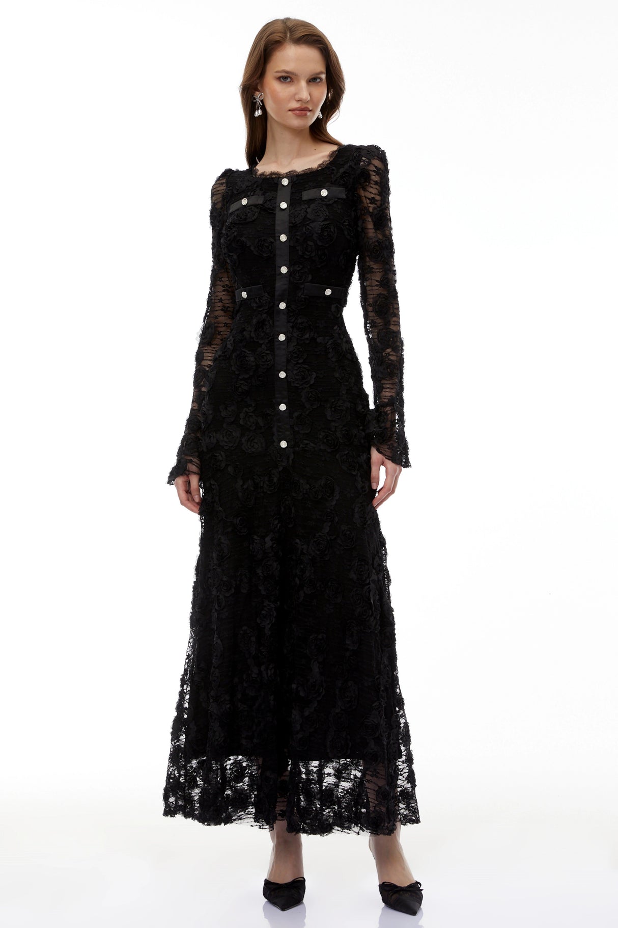 Branwen Black 3DFloral Embroidered Lace Maxi Dress