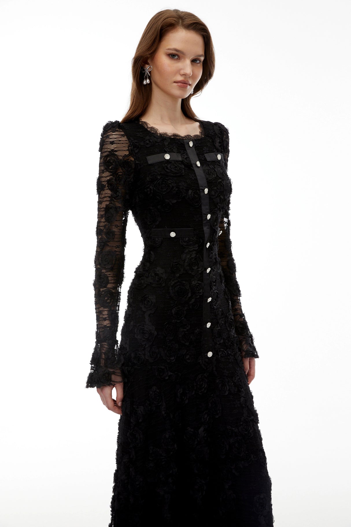 Branwen Black 3DFloral Embroidered Lace Maxi Dress