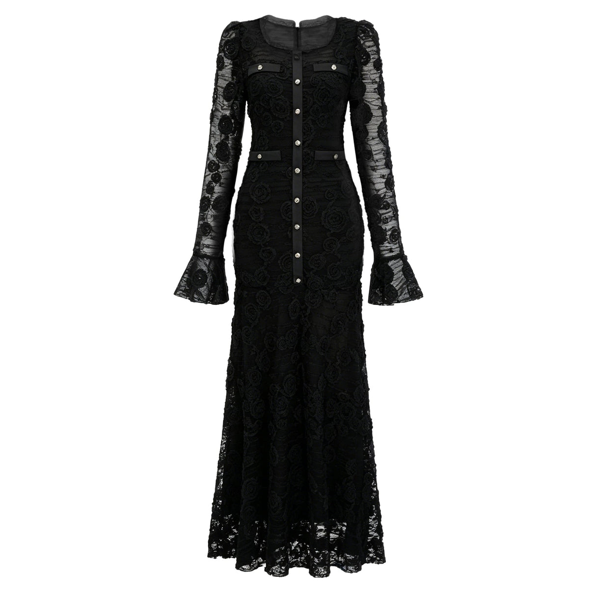 Branwen Black 3DFloral Embroidered Lace Maxi Dress