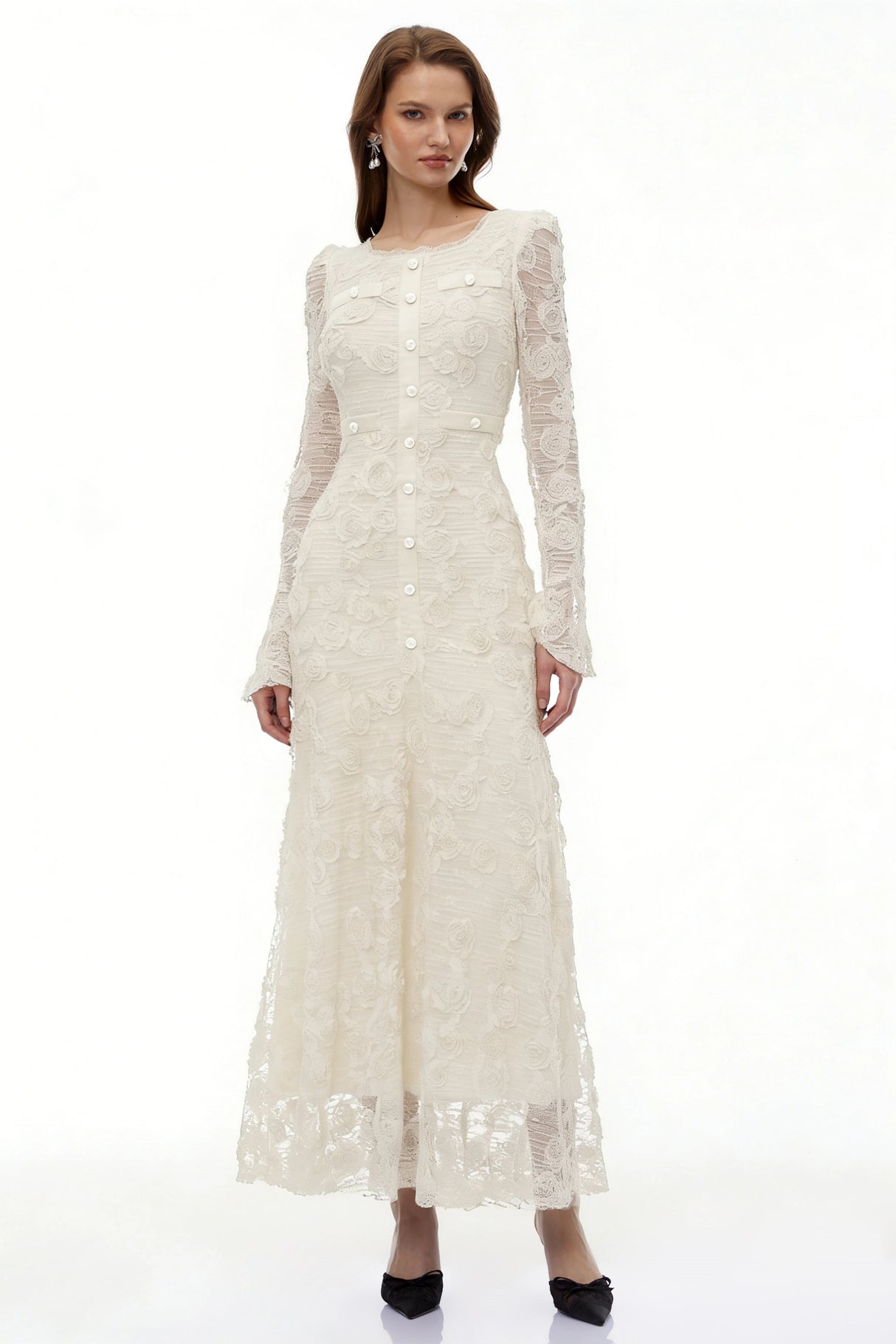 Branwen Neutral 3DFloral Embroidered Lace Maxi Dress