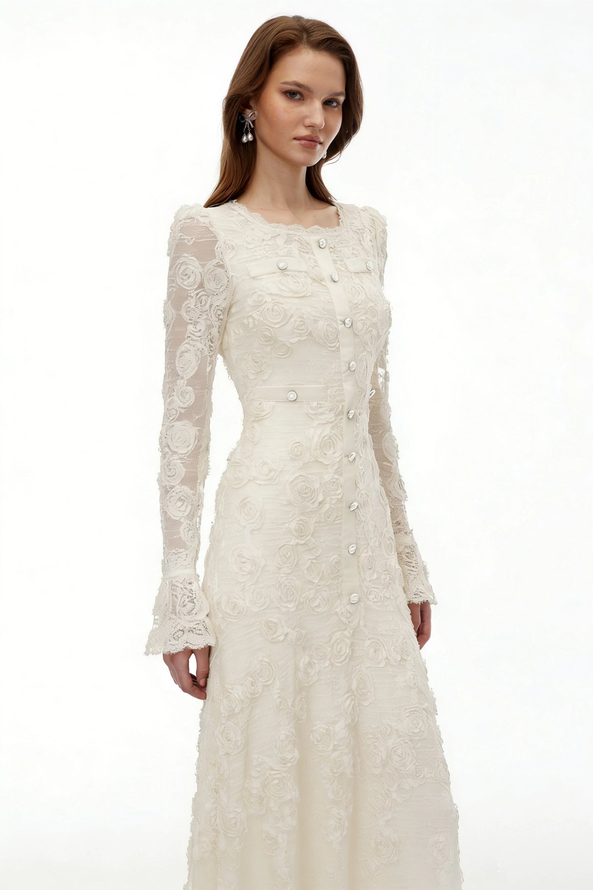 Branwen Neutral 3DFloral Embroidered Lace Maxi Dress