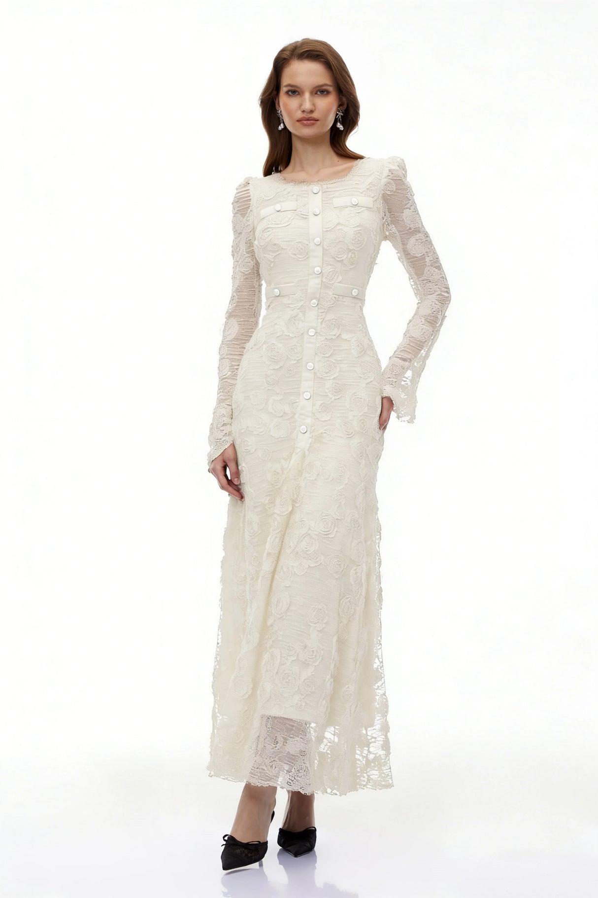 Branwen Neutral 3DFloral Embroidered Lace Maxi Dress