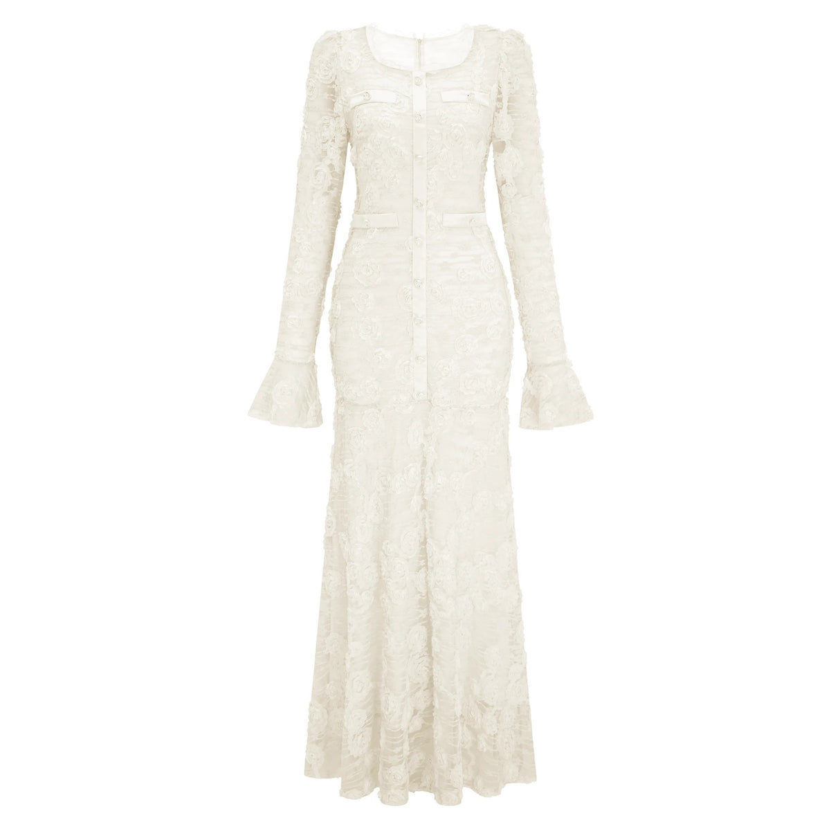 Branwen Neutral 3DFloral Embroidered Lace Maxi Dress