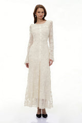 Branwen Neutral 3DFloral Embroidered Lace Maxi Dress