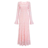 Branwen Pink 3DFloral Embroidered Lace Maxi Dress