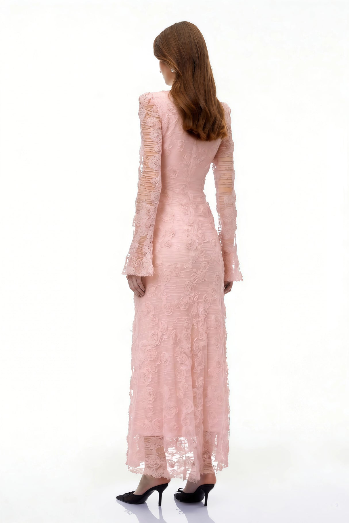 Branwen Pink 3DFloral Embroidered Lace Maxi Dress