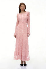 Branwen Pink 3DFloral Embroidered Lace Maxi Dress