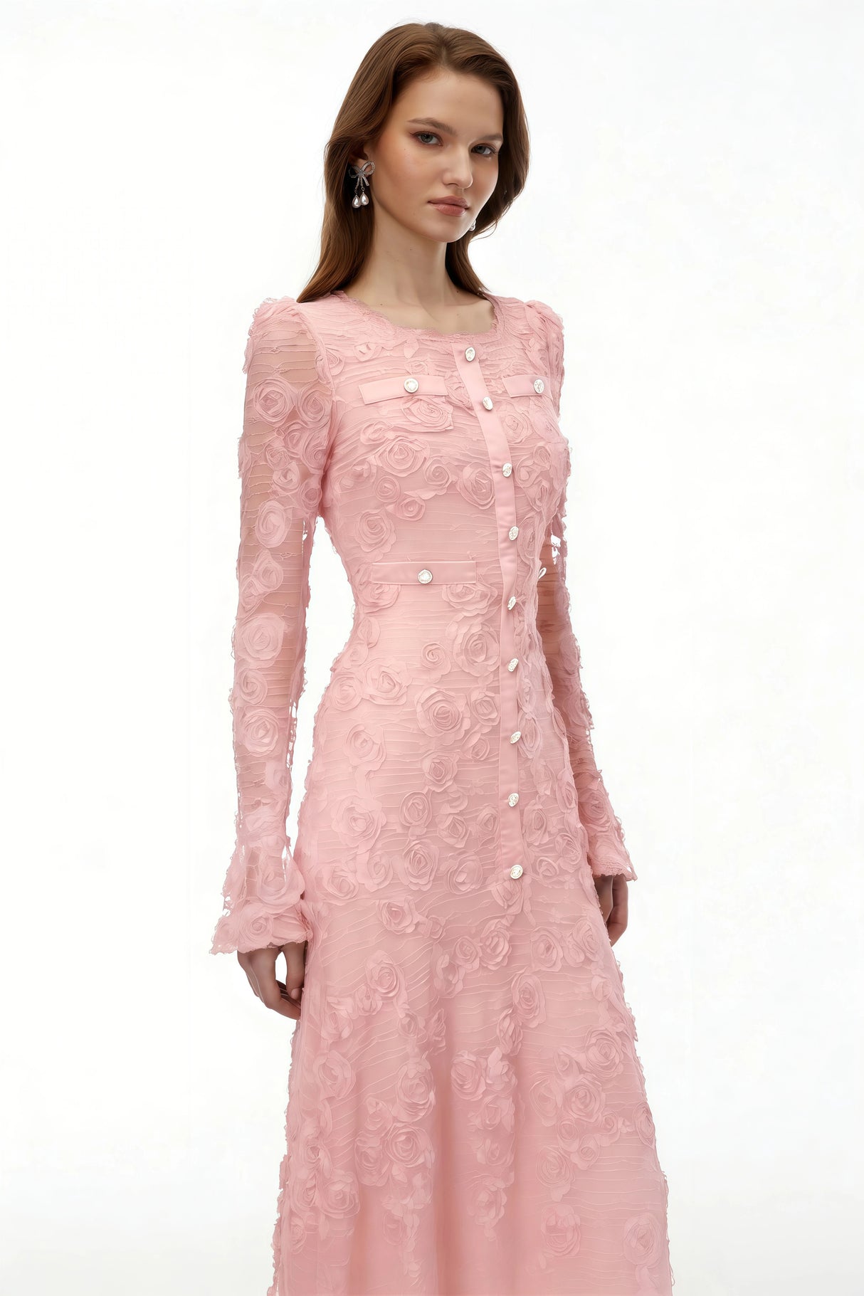Branwen Pink 3DFloral Embroidered Lace Maxi Dress