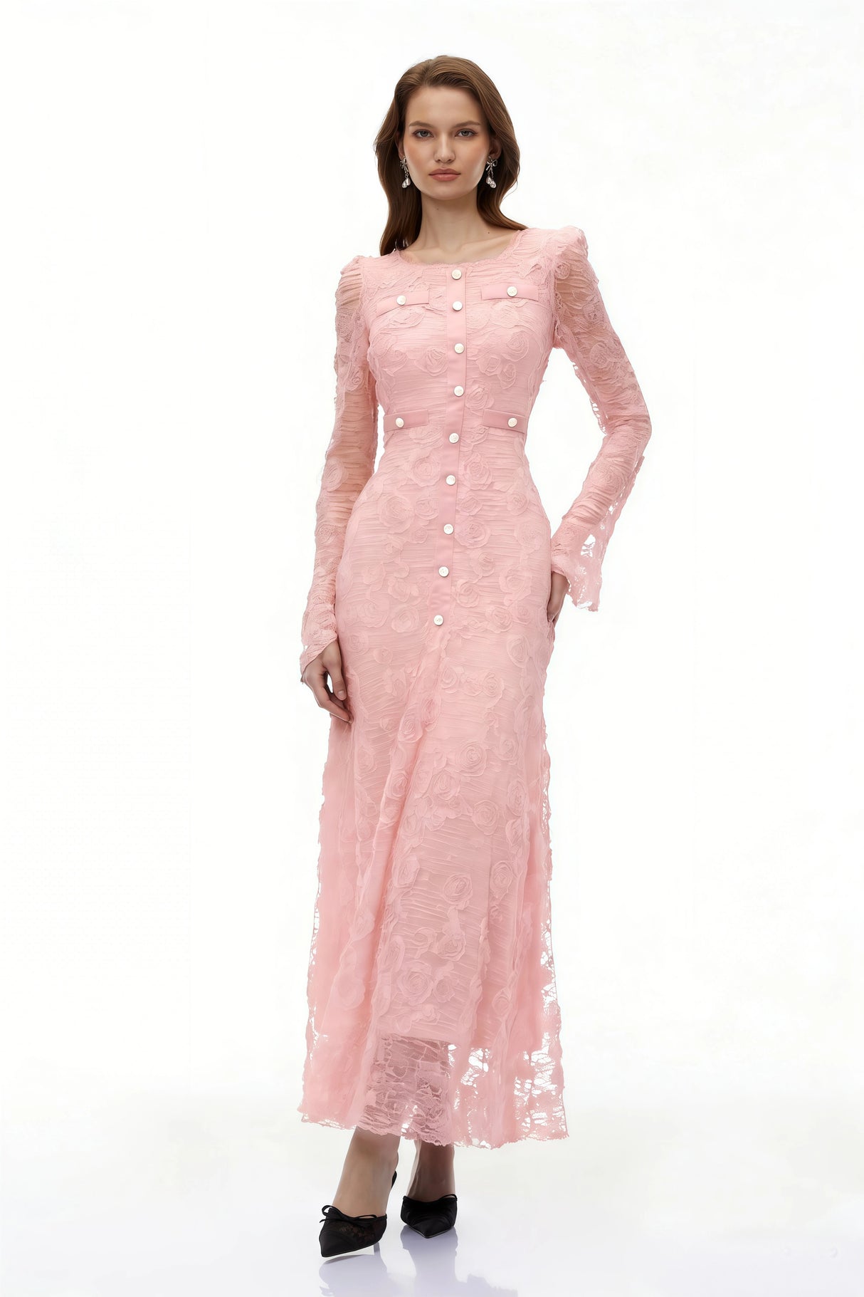 Branwen Pink 3DFloral Embroidered Lace Maxi Dress