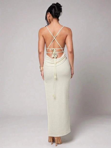 Brenna Maxi Dress - Slim Fit - Midi Waist - Sleeveless - Medium Stretch Knitted Fabric - Neckline Spaghetti Strap - Pencil Hem Shape