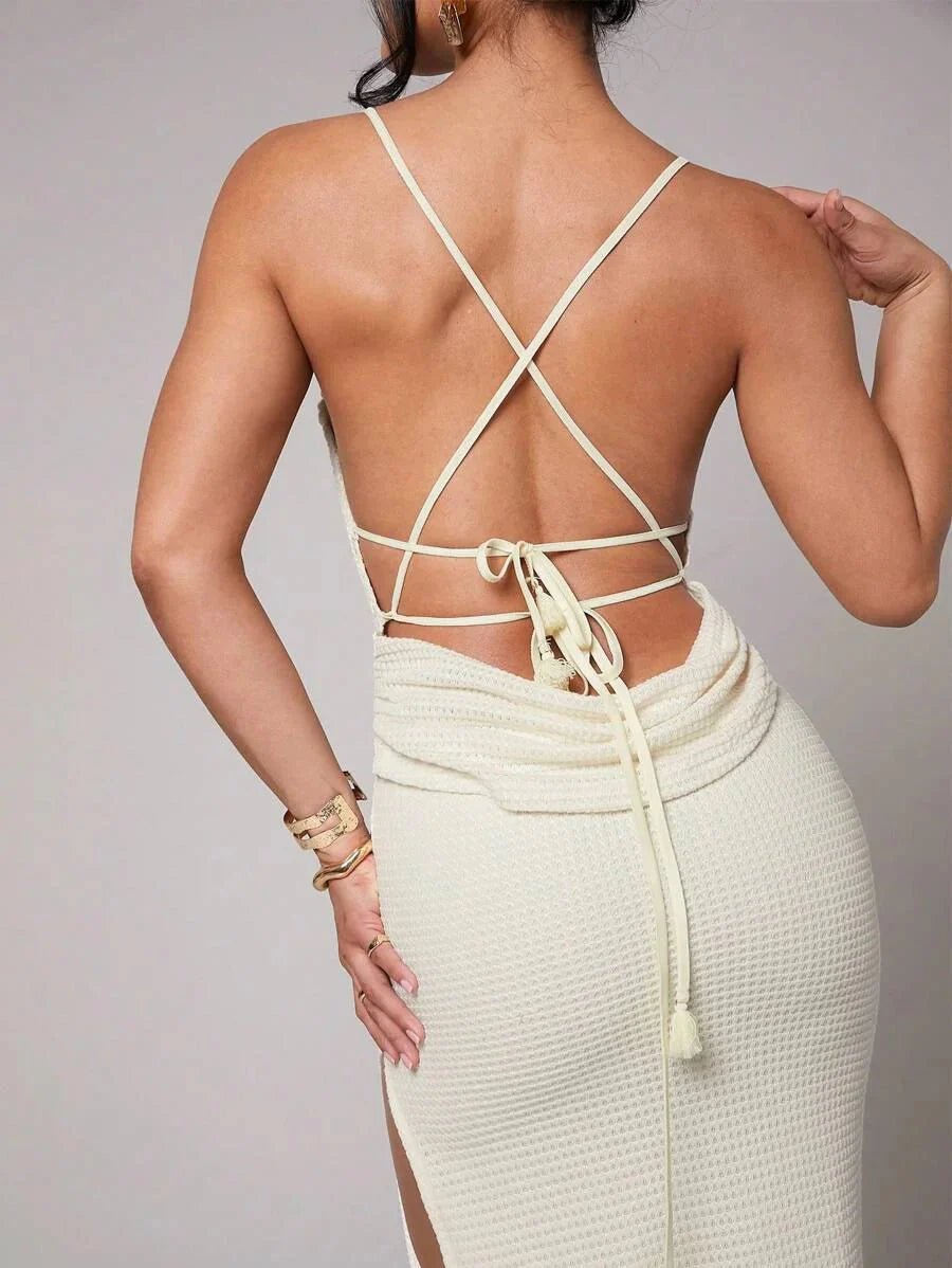 Brenna Maxi Dress - Slim Fit - Midi Waist - Sleeveless - Medium Stretch Knitted Fabric - Neckline Spaghetti Strap - Pencil Hem Shape