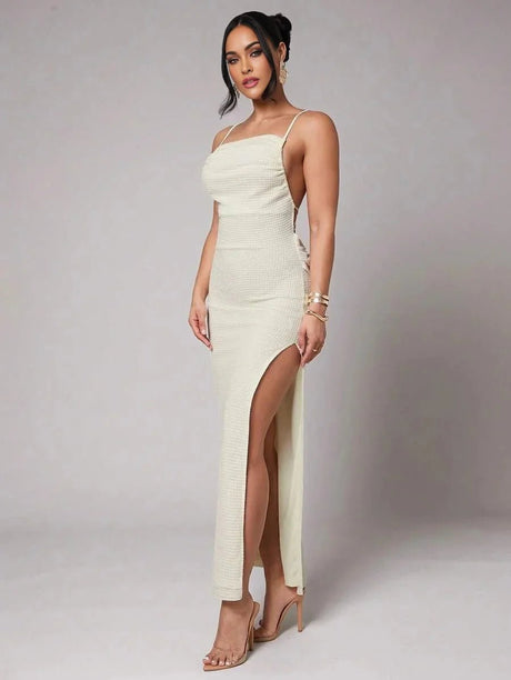 Brenna Maxi Dress - Slim Fit - Midi Waist - Sleeveless - Medium Stretch Knitted Fabric - Neckline Spaghetti Strap - Pencil Hem Shape