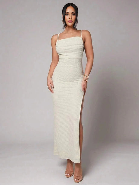 Brenna Maxi Dress - Slim Fit - Midi Waist - Sleeveless - Medium Stretch Knitted Fabric - Neckline Spaghetti Strap - Pencil Hem Shape