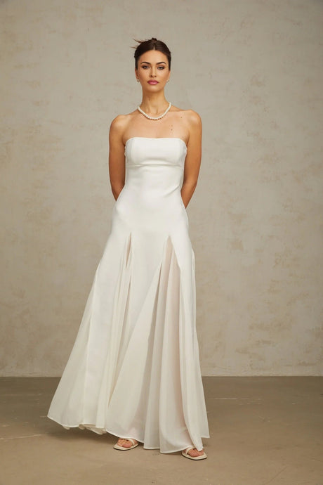 Brenna Maxi Dress White Tulle Paneling & Godet Design
