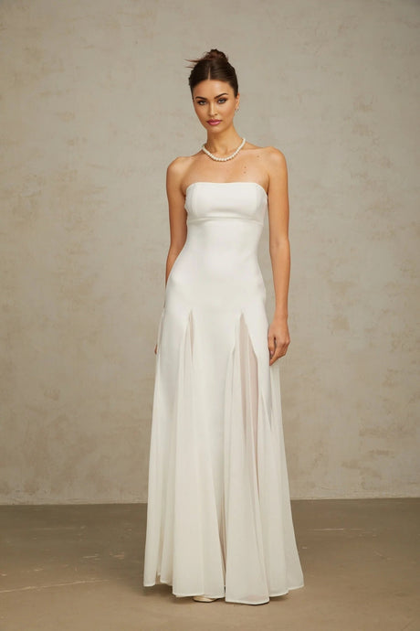 Brenna Maxi Dress White Tulle Paneling & Godet Design