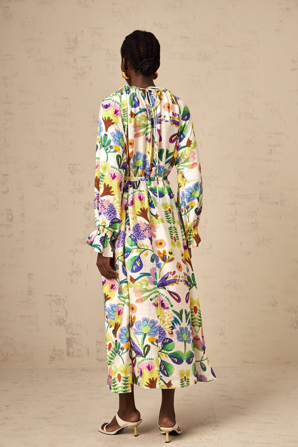 Brenna Midi Dress - Paisley Print - Flared Cuffs - Pleated Detailing - Self - Tie Design - Poplin Texture