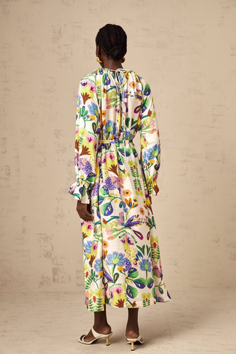 Brenna Midi Dress - Paisley Print - Flared Cuffs - Pleated Detailing - Self - Tie Design - Poplin Texture