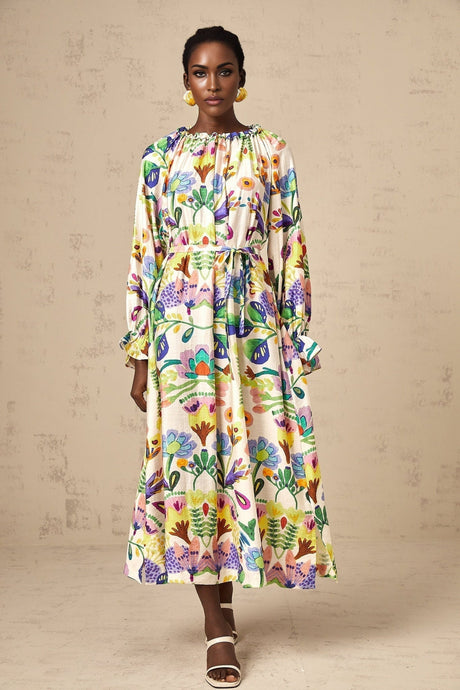 Brenna Midi Dress - Paisley Print - Flared Cuffs - Pleated Detailing - Self - Tie Design - Poplin Texture