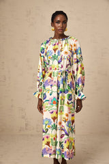 Brenna Midi Dress - Paisley Print - Flared Cuffs - Pleated Detailing - Self - Tie Design - Poplin Texture