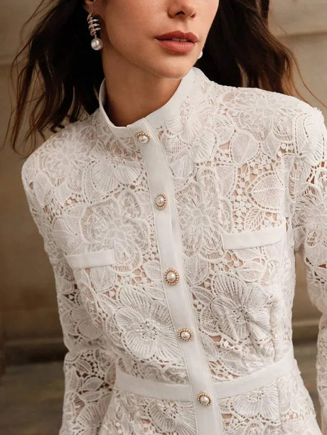 Brenna Midi Dress - Stand Collar - Elegant Style - Button Front - High Waist - All Over Print