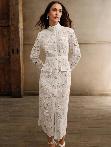Brenna Midi Dress - Stand Collar - Elegant Style - Button Front - High Waist - All Over Print