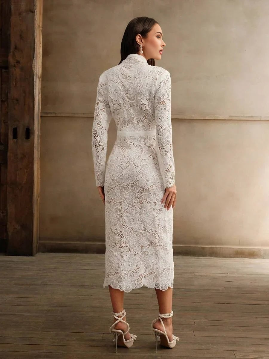 Brenna Midi Dress - Stand Collar - Elegant Style - Button Front - High Waist - All Over Print