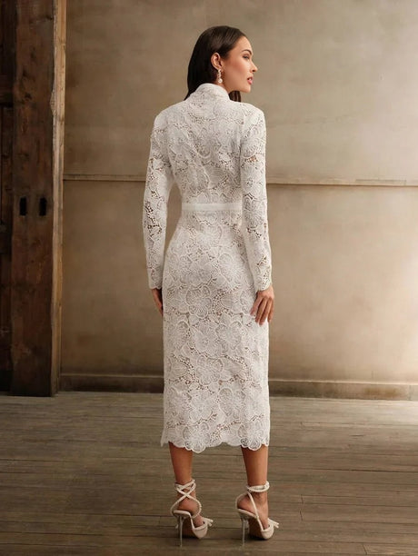 Brenna Midi Dress - Stand Collar - Elegant Style - Button Front - High Waist - All Over Print