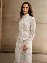 Brenna Midi Dress - Stand Collar - Elegant Style - Button Front - High Waist - All Over Print