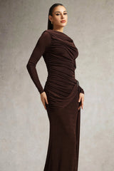 Brianna Brown Ruched Dress with Flowing Cape for Evening Events or Special Occasions