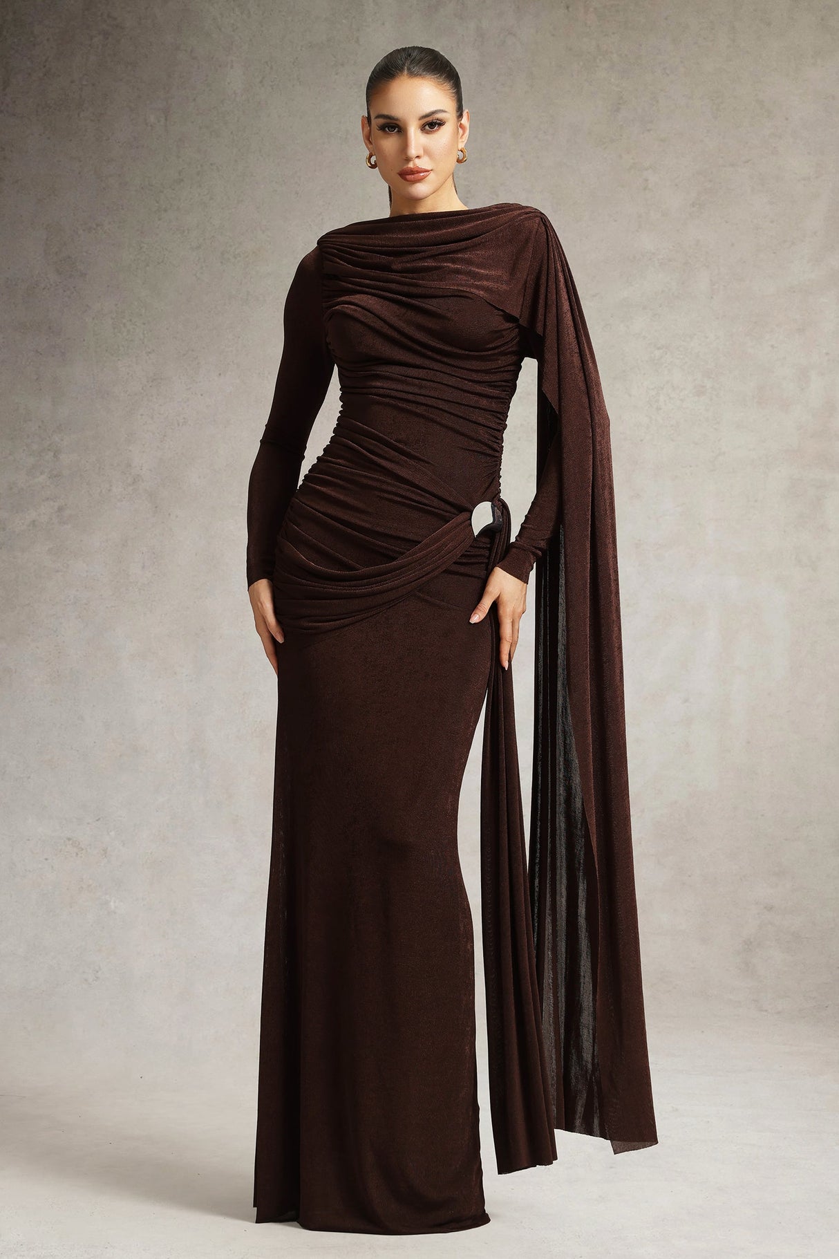 Brianna Brown Ruched Long Sleeve Dress with Cape