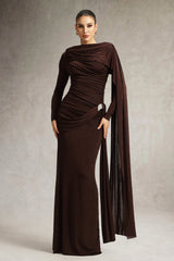 Brianna Brown Ruched Long Sleeve Dress with Cape