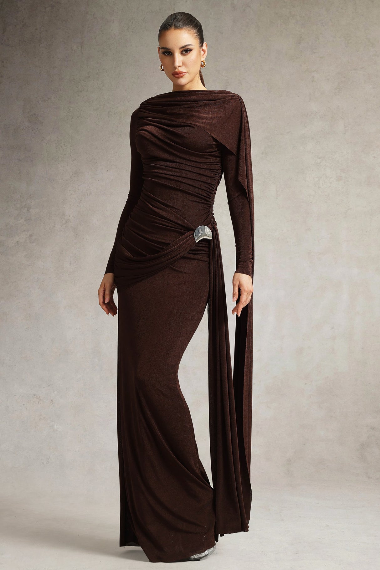Brianna Brown Ruched Long Sleeve Evening Dress with Flowing Cape