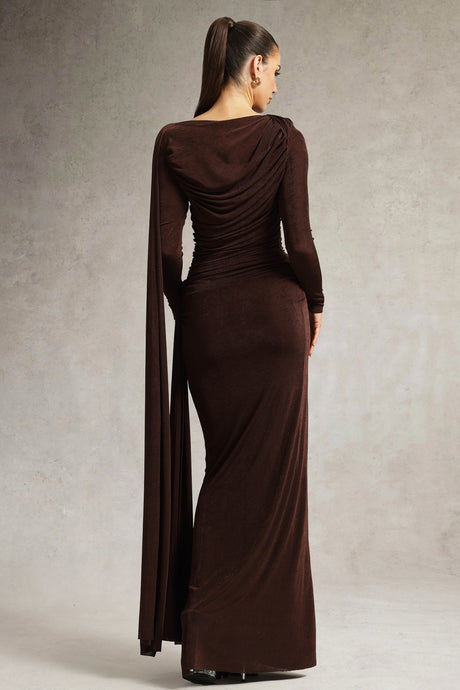 Brianna Brown Ruched Long Sleeve Evening Dress with Flowing Cape