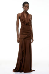 Brianna Chocolate Brown Halterneck Ruched Maxi Dress