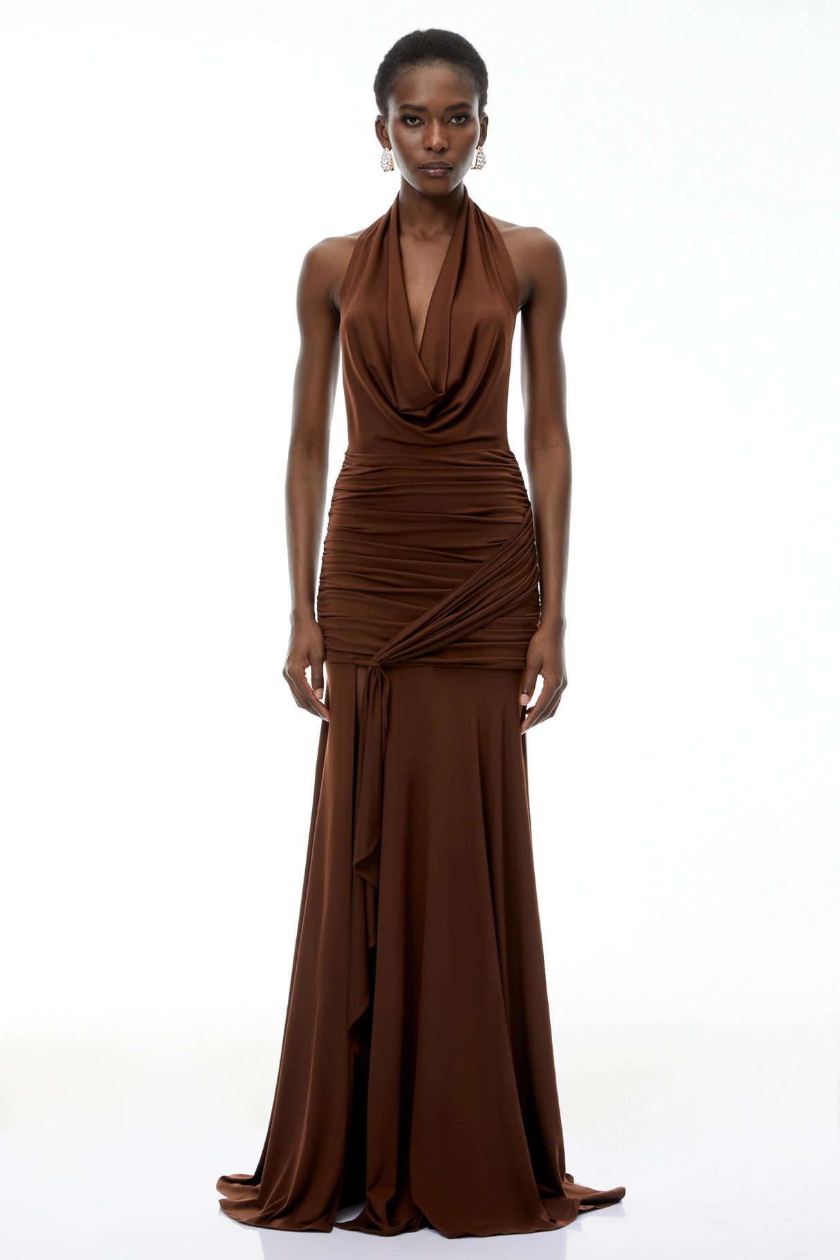Brianna Chocolate Brown Halterneck Ruched Maxi Dress