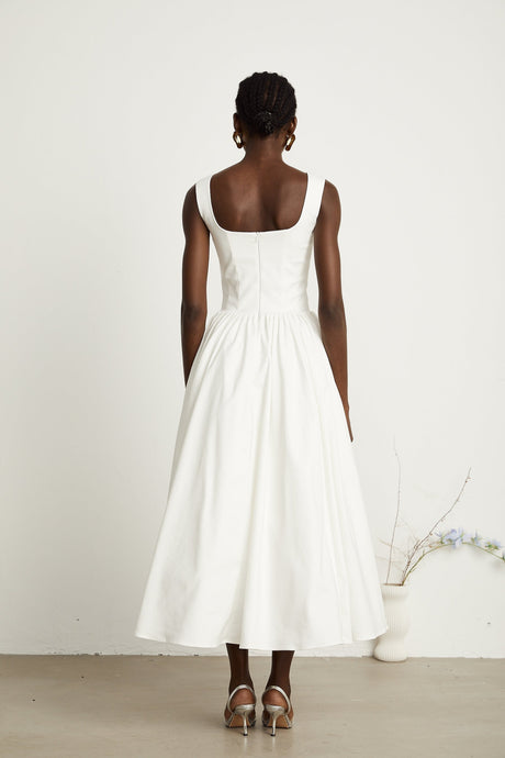 Brianna Dress - Square Neck - Sleeveless - Corset Style - Pleated Design - Flared Skirt - Ankle Length - Rear Zip Fastening