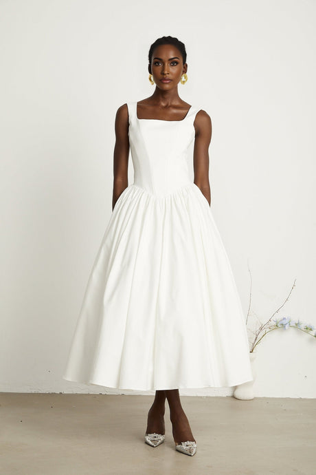 Brianna Dress - Square Neck - Sleeveless - Corset Style - Pleated Design - Flared Skirt - Ankle Length - Rear Zip Fastening