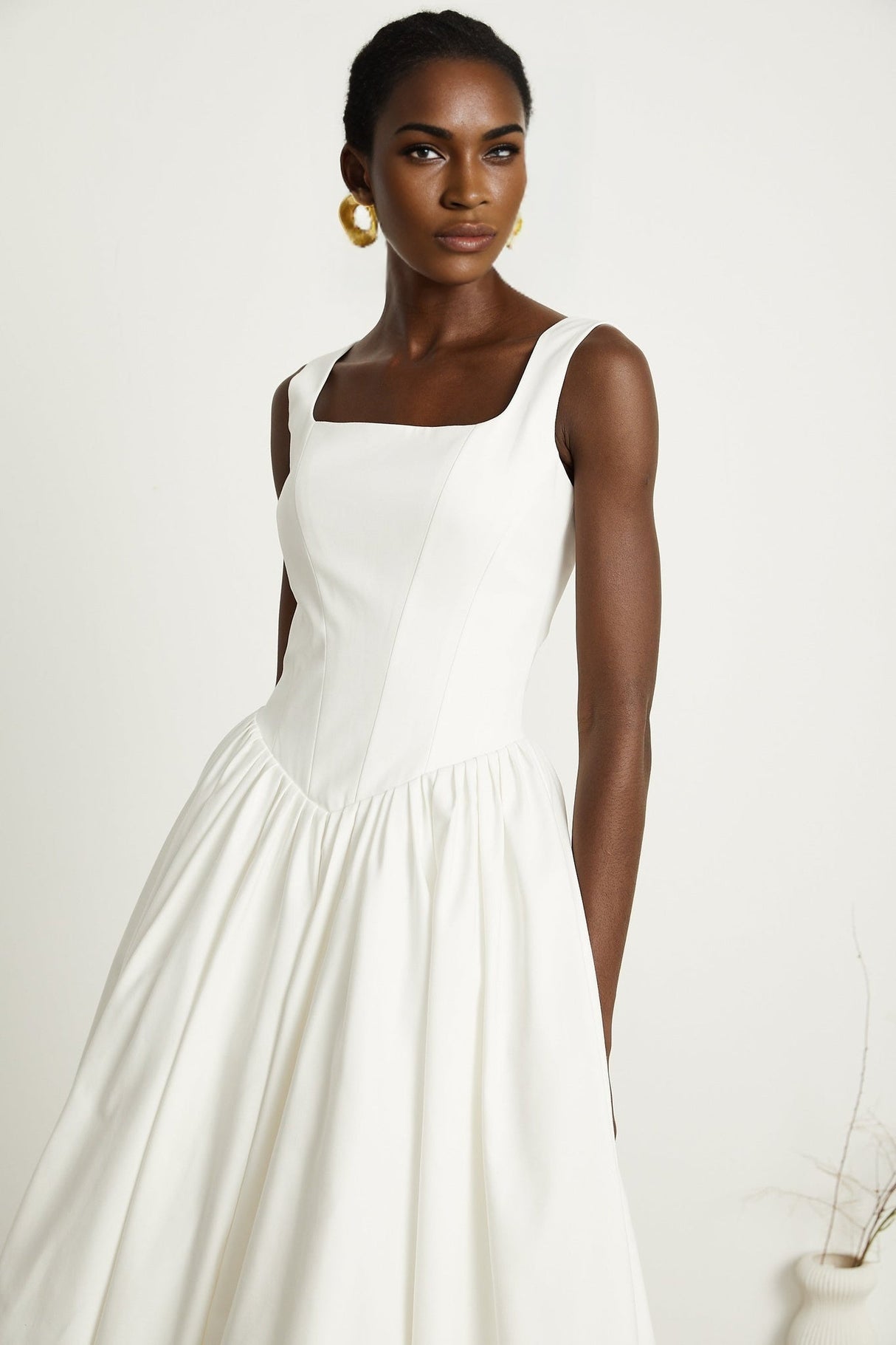 Brianna Dress - Square Neck - Sleeveless - Corset Style - Pleated Design - Flared Skirt - Ankle Length - Rear Zip Fastening