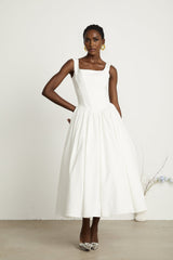Brianna Dress - Square Neck - Sleeveless - Corset Style - Pleated Design - Flared Skirt - Ankle Length - Rear Zip Fastening