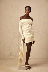 Brianna Mini Dress Cream - White Ribbon Ruched & Fitted