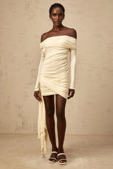 Brianna Mini Dress Cream - White Ribbon Ruched & Fitted
