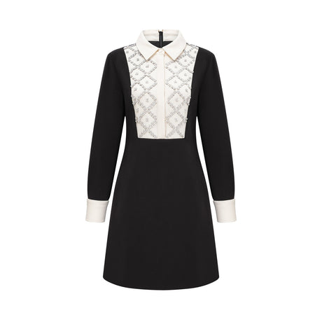 Brianna Mini Dress - Pointed Collar - Long Sleeves - Crystal Embellishment - Contrast Colors