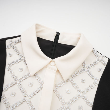 Brianna Mini Dress - Pointed Collar - Long Sleeves - Crystal Embellishment - Contrast Colors