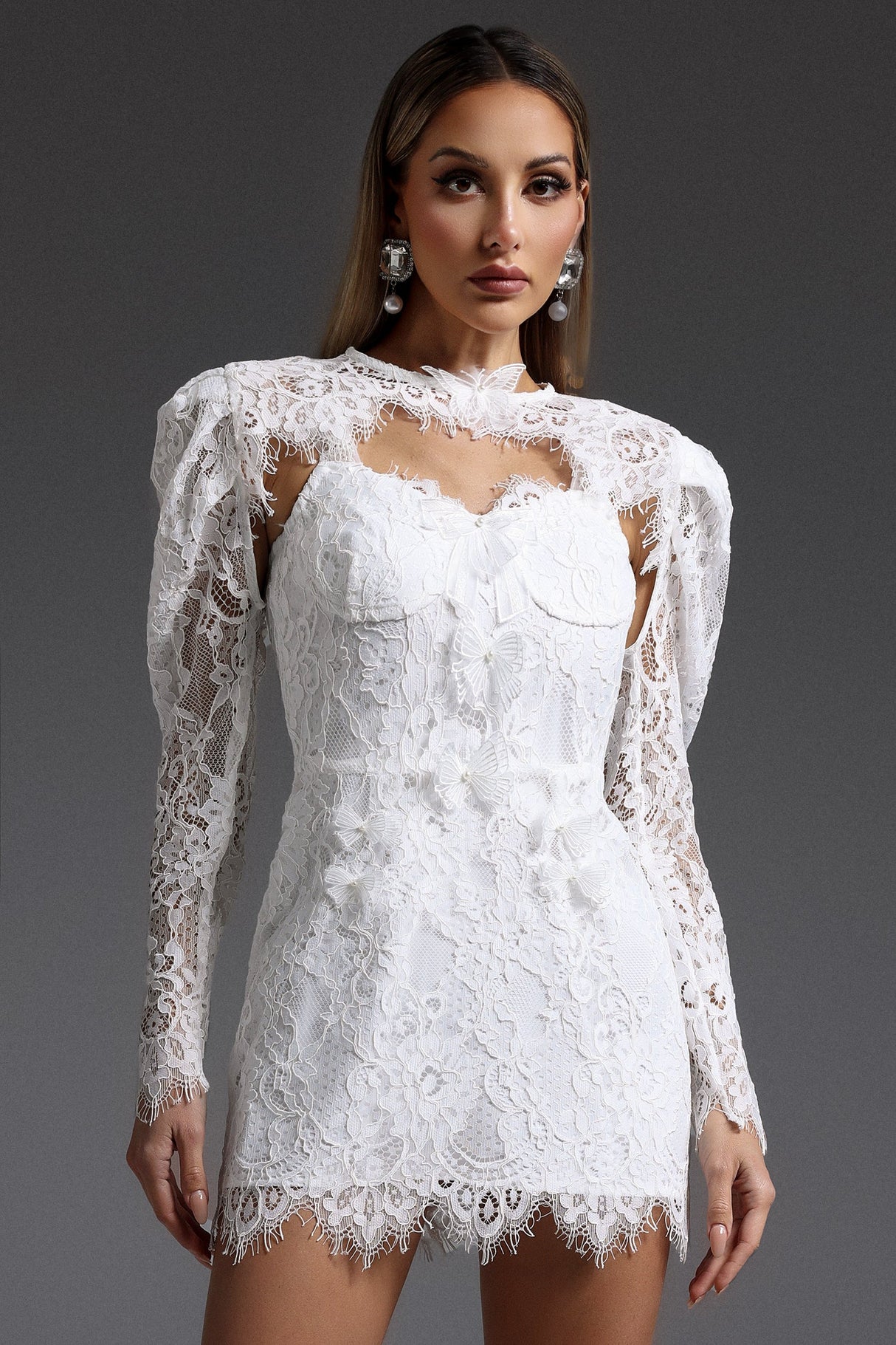 Brianna White Lace Hooded Mini Dress Puff Sleeves Floral Patterns Body-Hugging Fit